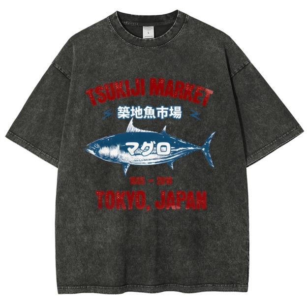 Tsukiji Market Tuna Fish Tokyo Japan Vintage Wash Japanese Design T-Shirt