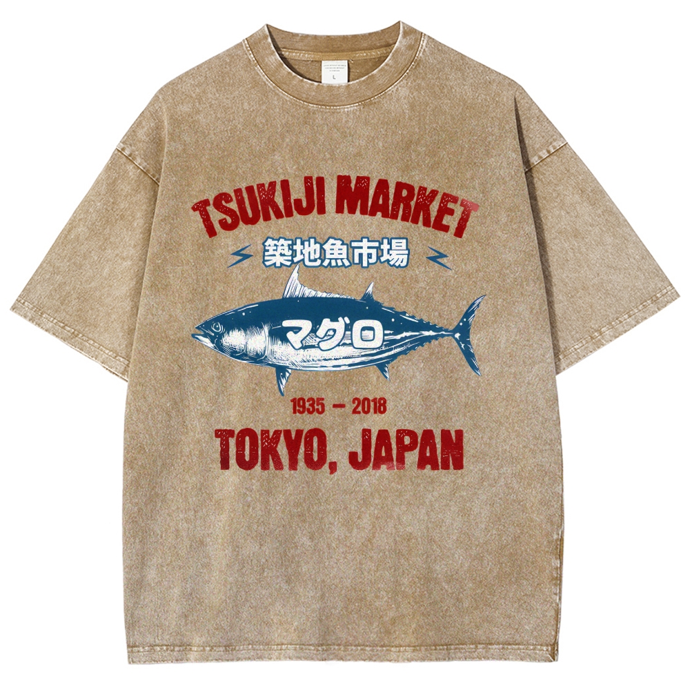 Tsukiji Market Tuna Fish Tokyo Japan Vintage Wash Japanese Design T-Shirt
