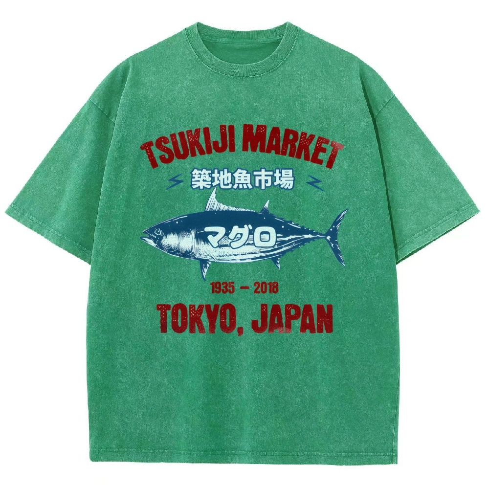 Tsukiji Market Tuna Fish Tokyo Japan Vintage Wash Japanese Design T-Shirt