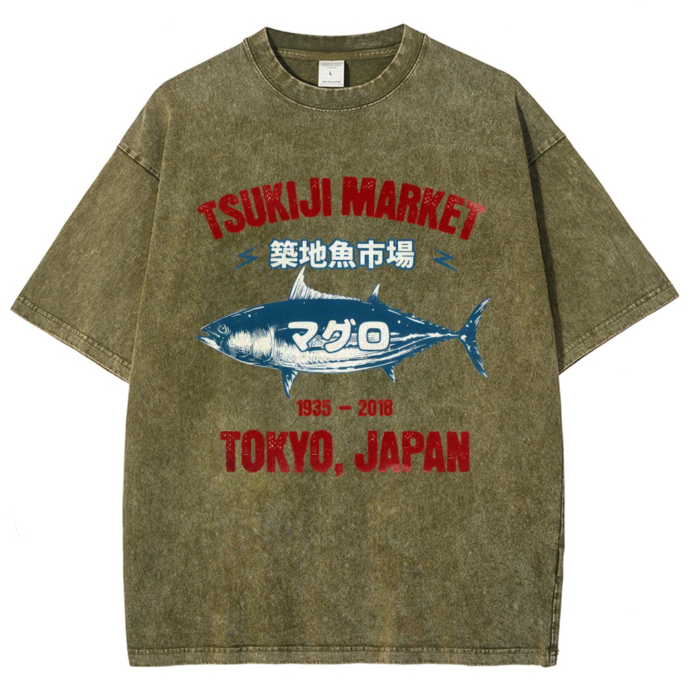Tsukiji Market Tuna Fish Tokyo Japan Vintage Wash Japanese Design T-Shirt