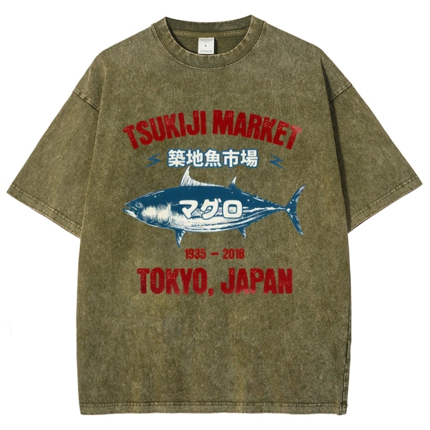 Tsukiji Market Tuna Fish Tokyo Japan Vintage Wash Japanese Design T-Shirt