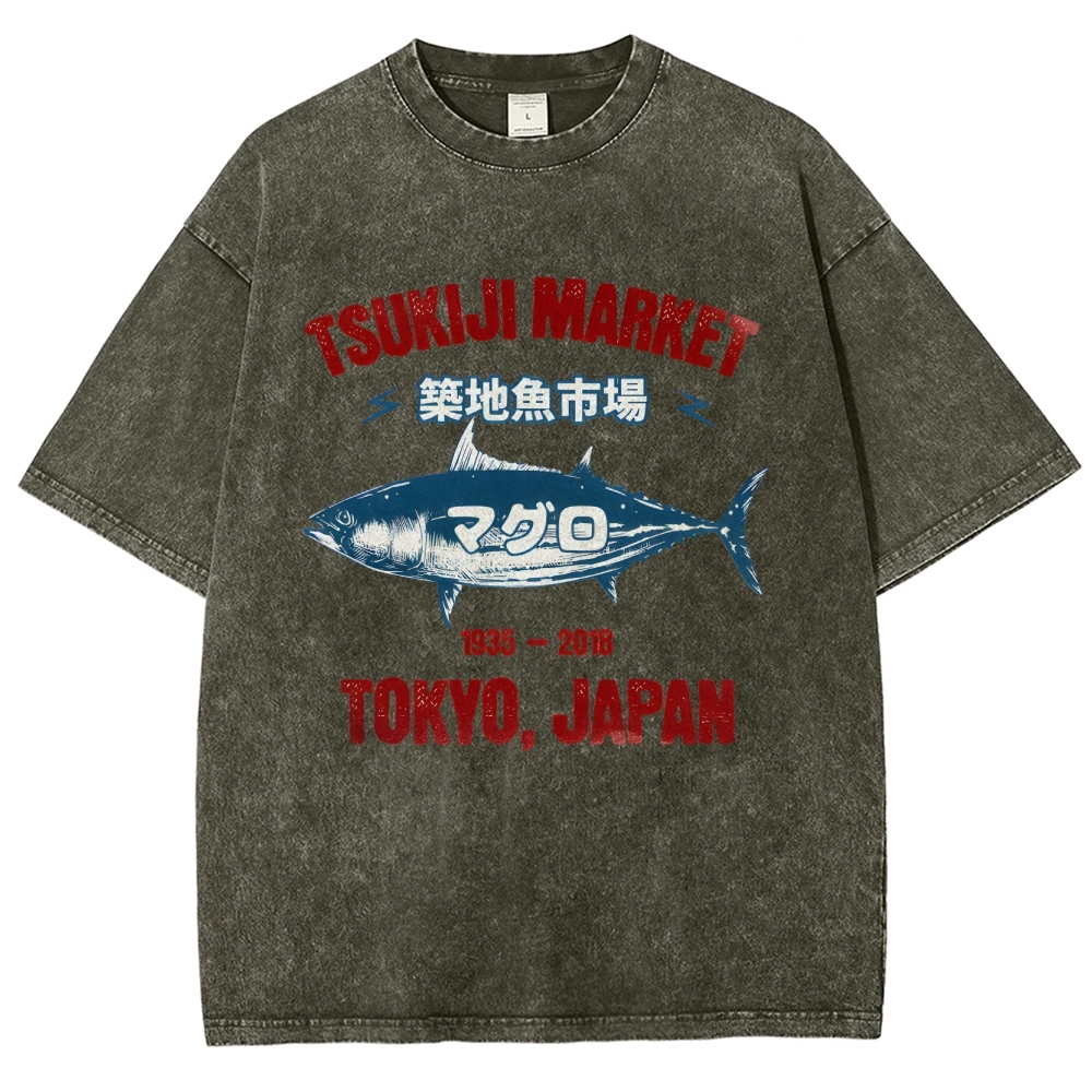 Tsukiji Market Tuna Fish Tokyo Japan Vintage Wash Japanese Design T-Shirt