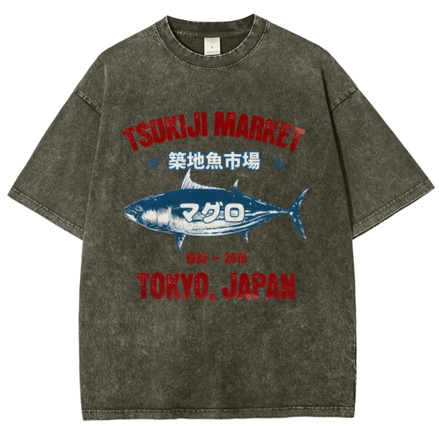 Tsukiji Market Tuna Fish Tokyo Japan Vintage Wash Japanese Design T-Shirt