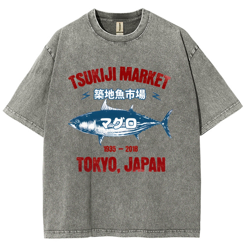 Tsukiji Market Tuna Fish Tokyo Japan Vintage Wash Japanese Design T-Shirt