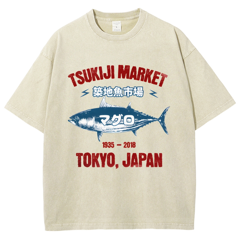 Tsukiji Market Tuna Fish Tokyo Japan Vintage Wash Japanese Design T-Shirt