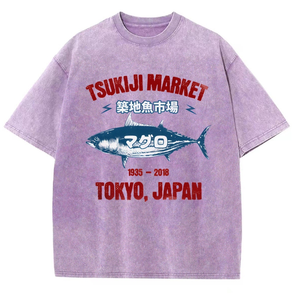 Tsukiji Market Tuna Fish Tokyo Japan Vintage Wash Japanese Design T-Shirt
