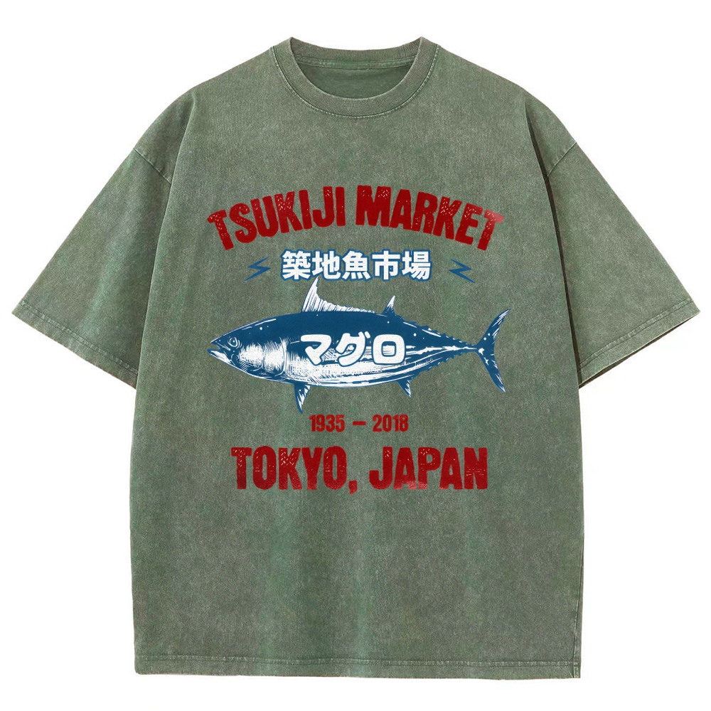 Tsukiji Market Tuna Fish Tokyo Japan Vintage Wash Japanese Design T-Shirt
