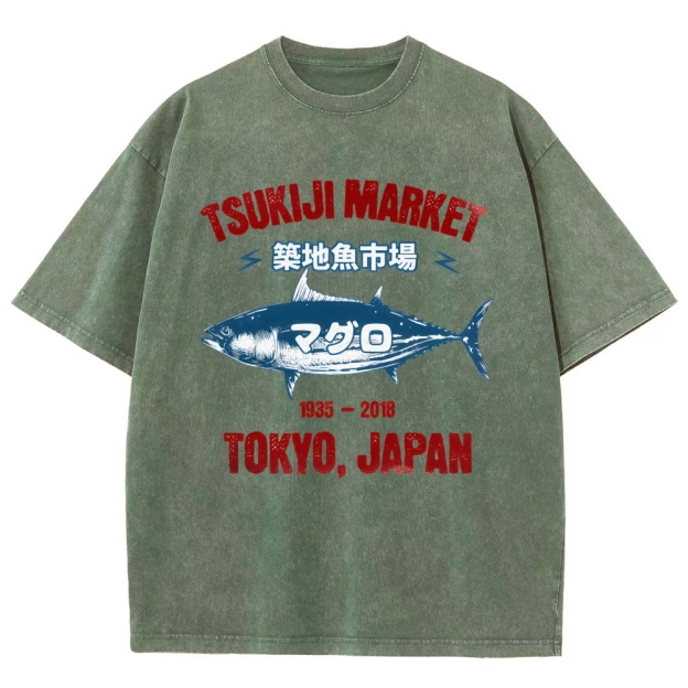 Tsukiji Market Tuna Fish Tokyo Japan Vintage Wash Japanese Design T-Shirt