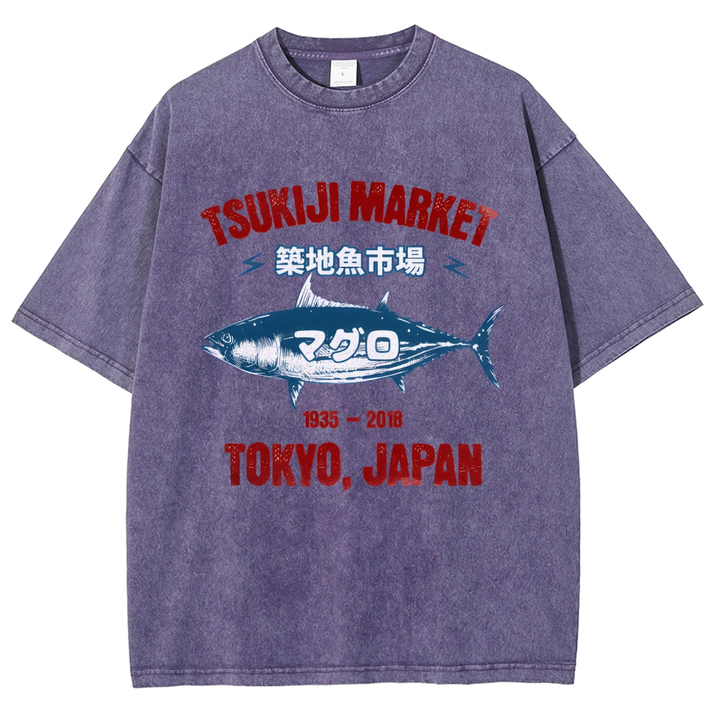 Tsukiji Market Tuna Fish Tokyo Japan Vintage Wash Japanese Design T-Shirt