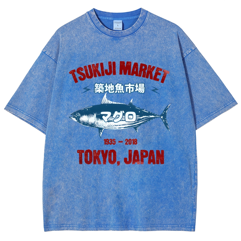 Tsukiji Market Tuna Fish Tokyo Japan Vintage Wash Japanese Design T-Shirt