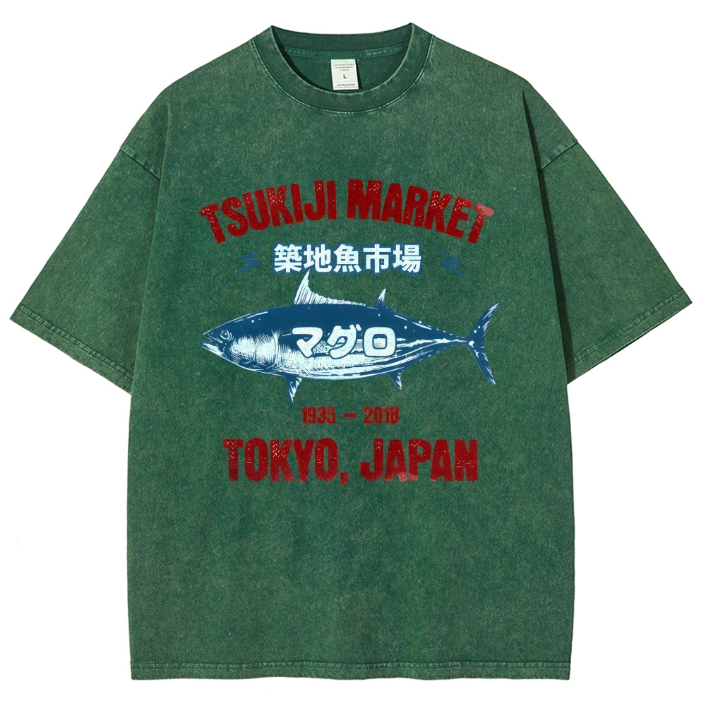 Tsukiji Market Tuna Fish Tokyo Japan Vintage Wash Japanese Design T-Shirt