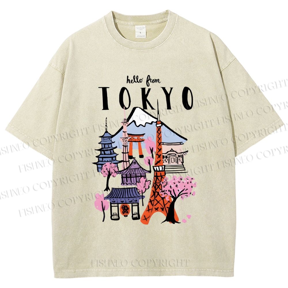 Unisex Mount Fuji Graffiti Japanese Tokyo Printed Washed Tee
