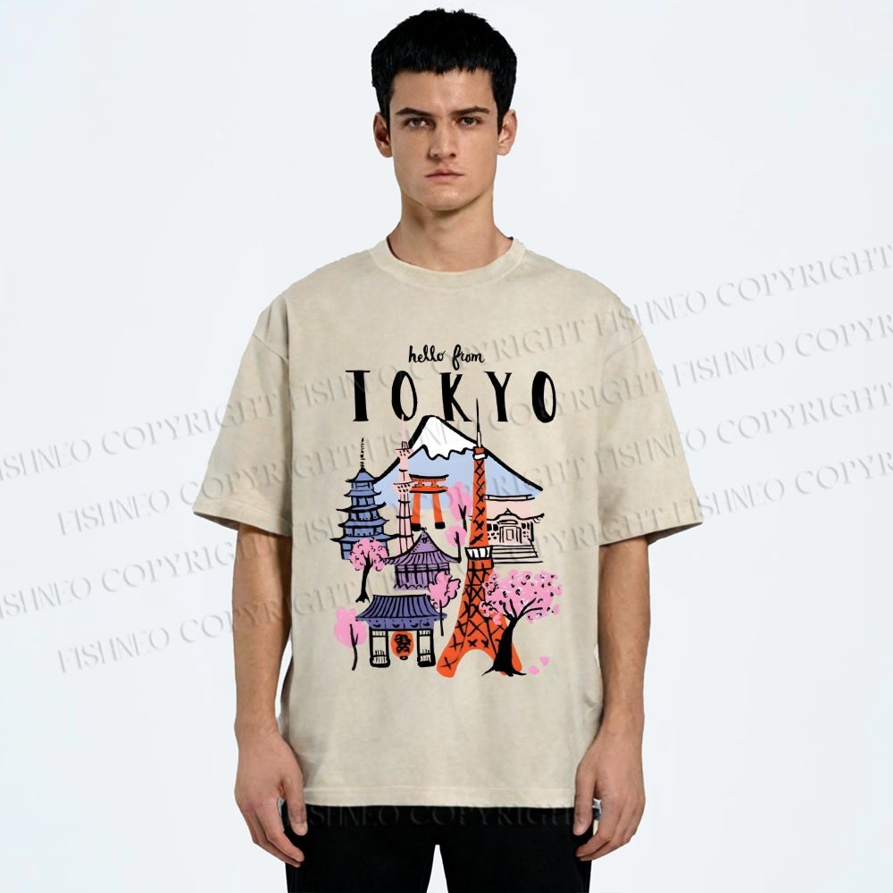 Unisex Mount Fuji Graffiti Japanese Tokyo Printed Washed Tee