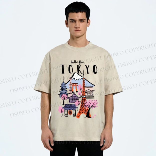 Unisex Mount Fuji Graffiti Japanese Tokyo Printed Washed Tee