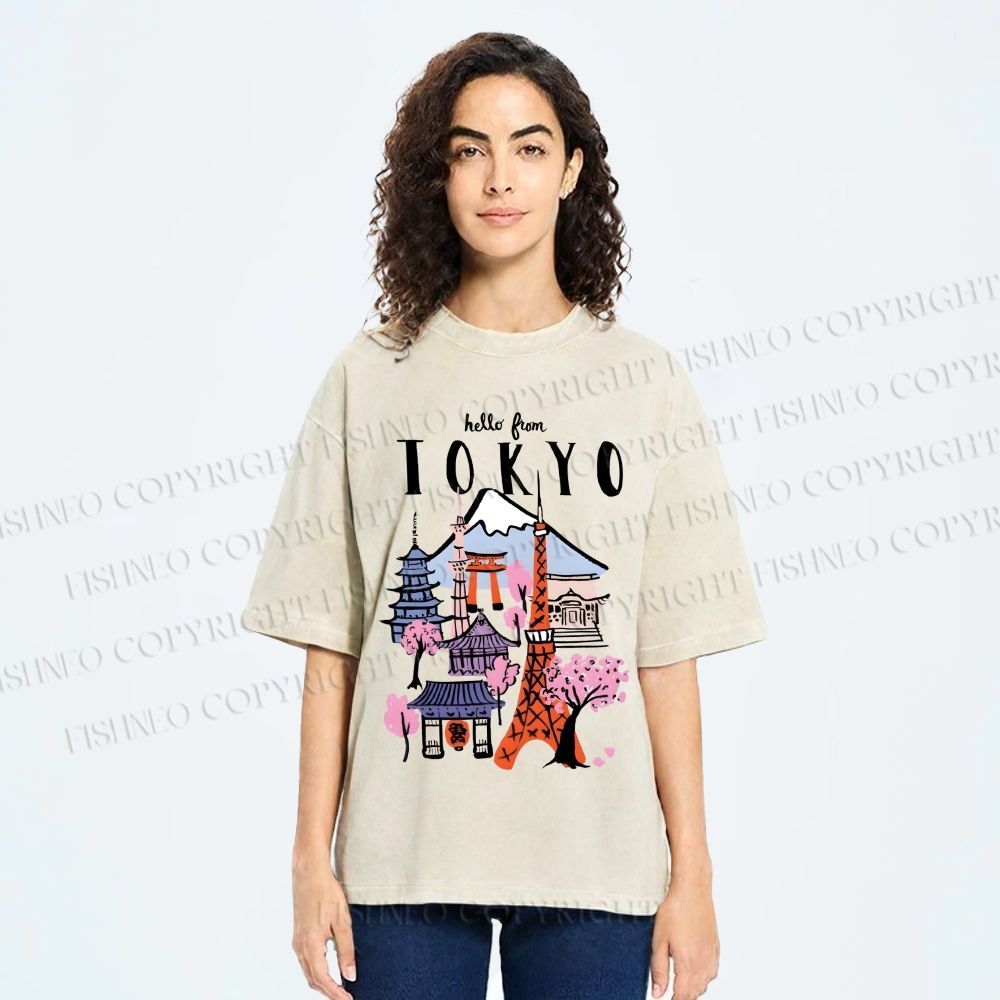 Unisex Mount Fuji Graffiti Japanese Tokyo Printed Washed Tee