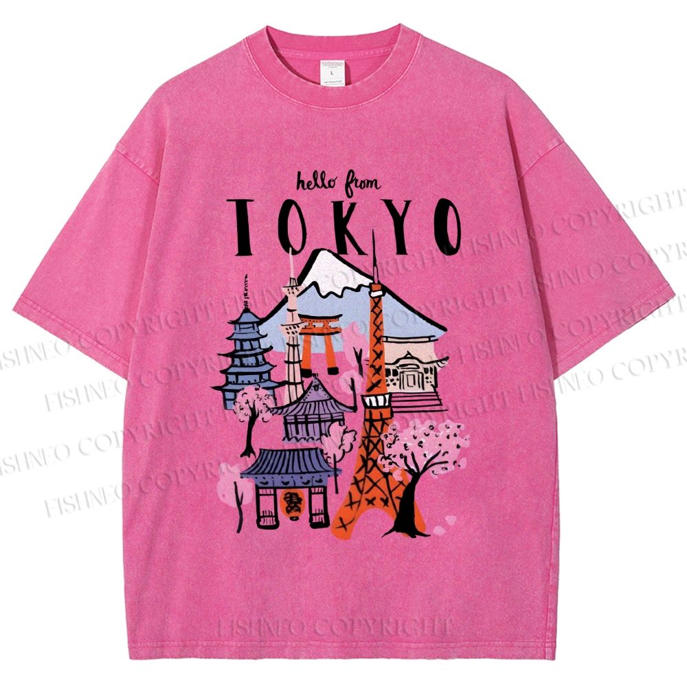 Unisex Mount Fuji Graffiti Japanese Tokyo Printed Washed Tee