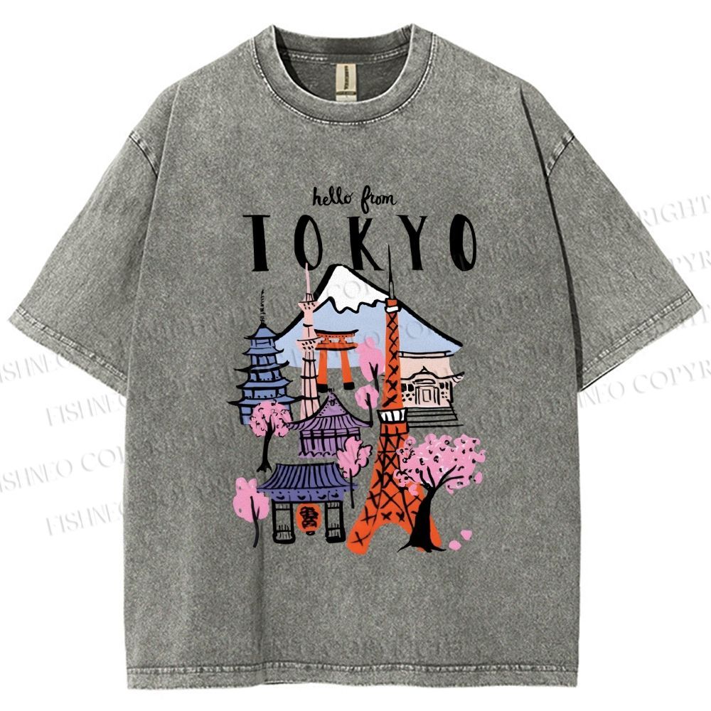 Unisex Mount Fuji Graffiti Japanese Tokyo Printed Washed Tee