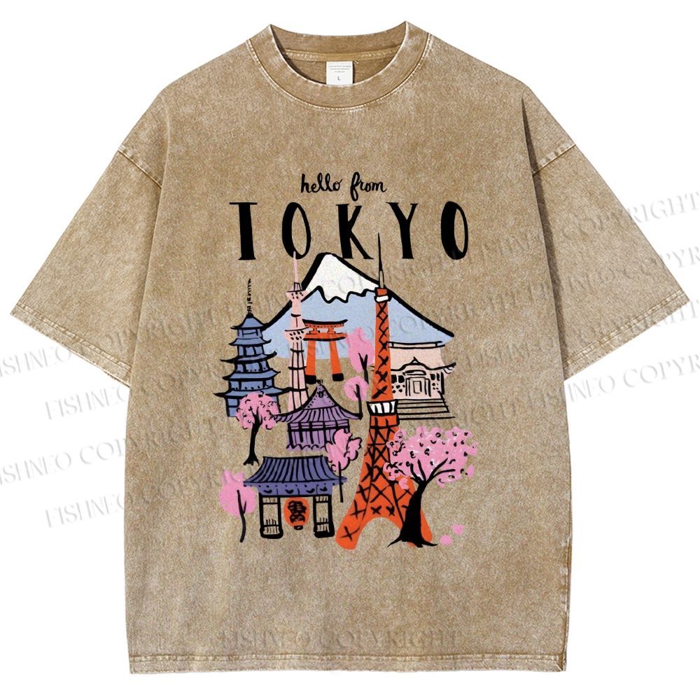 Unisex Mount Fuji Graffiti Japanese Tokyo Printed Washed Tee