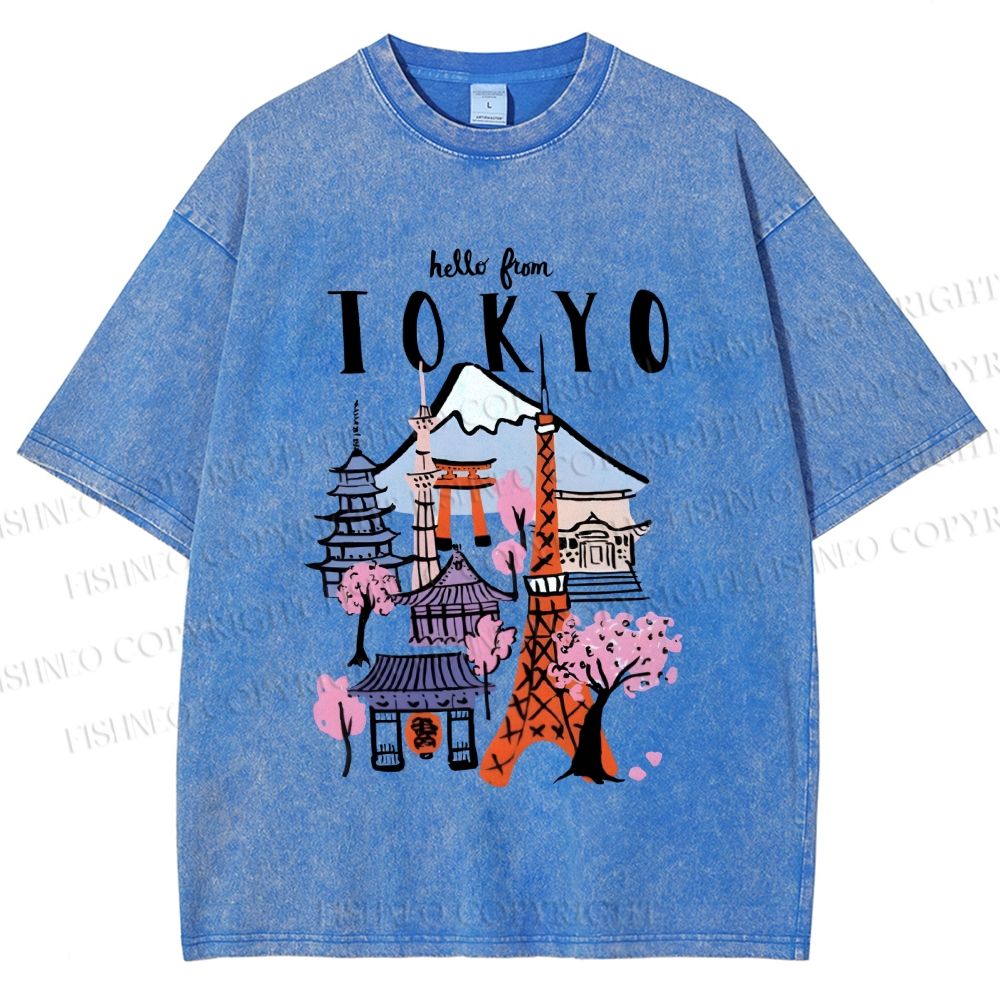 Unisex Mount Fuji Graffiti Japanese Tokyo Printed Washed Tee
