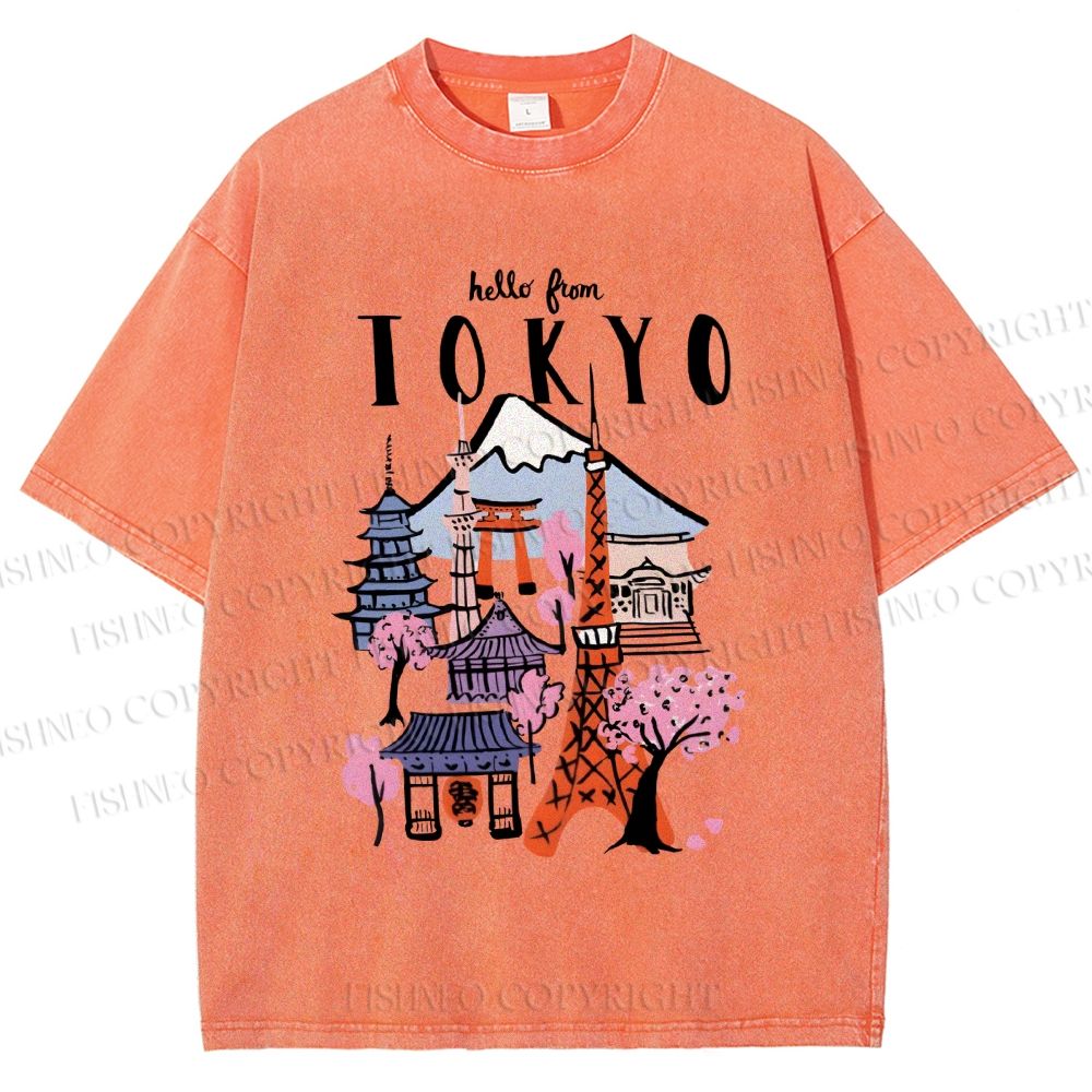 Unisex Mount Fuji Graffiti Japanese Tokyo Printed Washed Tee