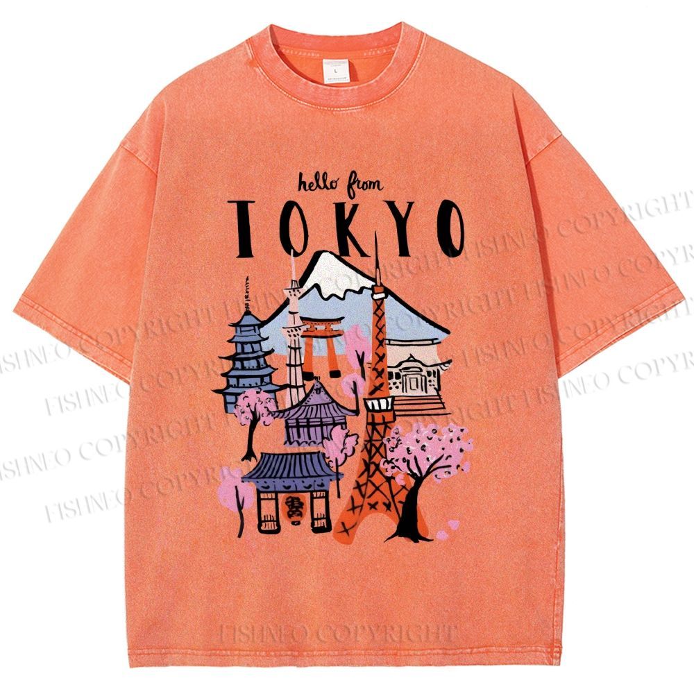 Unisex Mount Fuji Graffiti Japanese Tokyo Printed Washed Tee