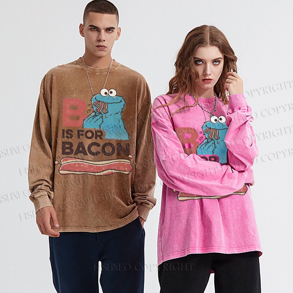 Unisex Casual Washed B Is For Bacon Cookie Monster Printed Long Sleeve T-shirt