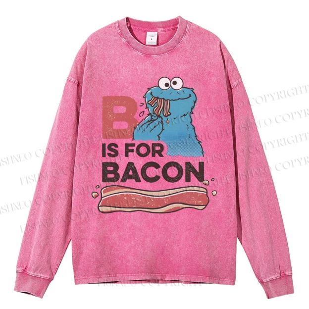 Unisex Casual Washed B Is For Bacon Cookie Monster Printed Long Sleeve T-shirt