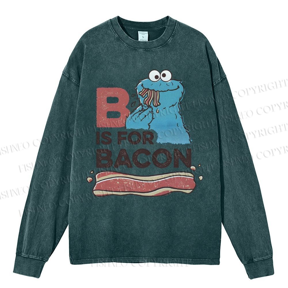 Unisex Casual Washed B Is For Bacon Cookie Monster Printed Long Sleeve T-shirt