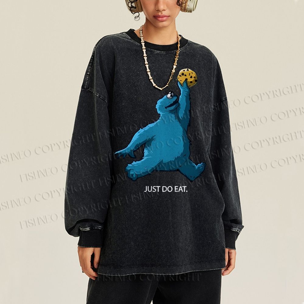 Unisex Casual Washed Just Do Eat Cookie Monster Printed Long Sleeve T-shirt