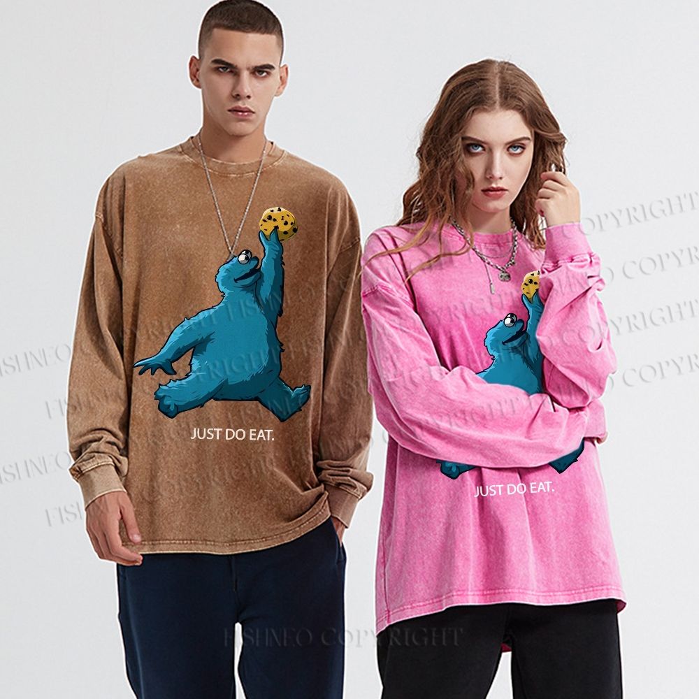 Unisex Casual Washed Just Do Eat Cookie Monster Printed Long Sleeve T-shirt