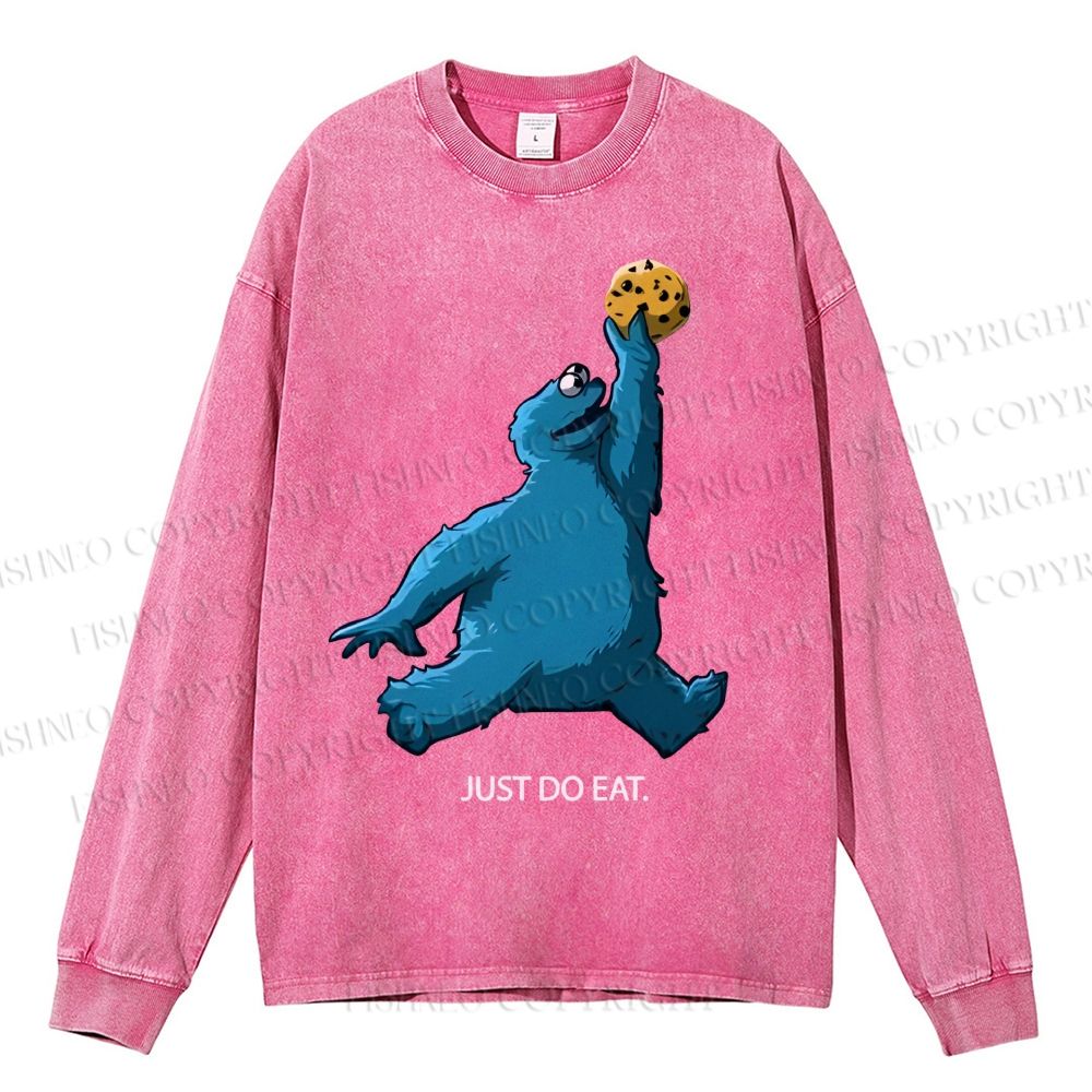 Unisex Casual Washed Just Do Eat Cookie Monster Printed Long Sleeve T-shirt