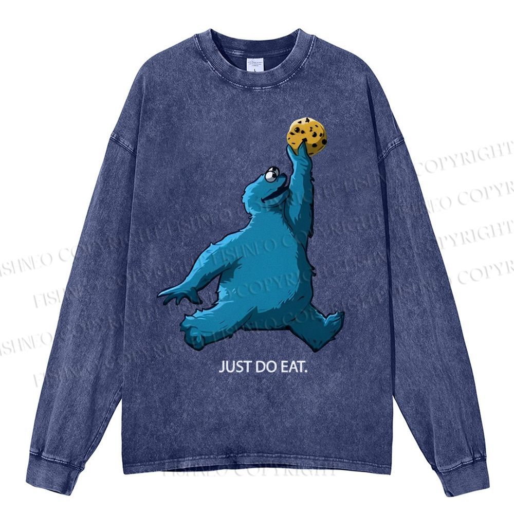 Unisex Casual Washed Just Do Eat Cookie Monster Printed Long Sleeve T-shirt