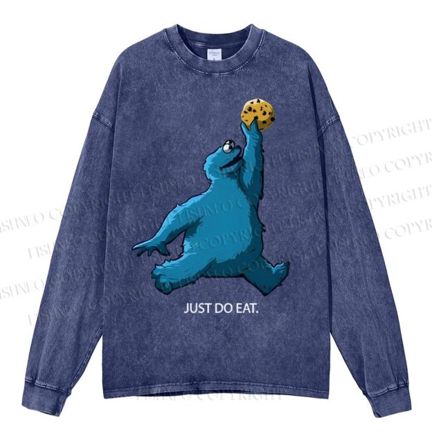Unisex Casual Washed Just Do Eat Cookie Monster Printed Long Sleeve T-shirt