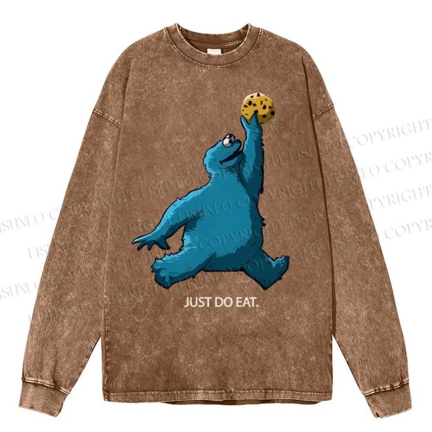 Unisex Casual Washed Just Do Eat Cookie Monster Printed Long Sleeve T-shirt