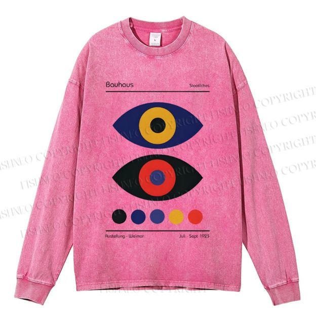 Unisex Casual Washed Bauhaus Colorful Art Eyes Printed Long Sleeve T-shirt