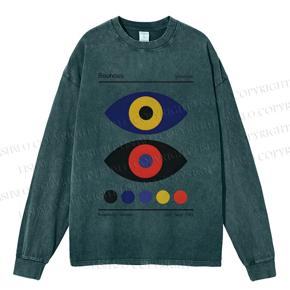 Unisex Casual Washed Bauhaus Colorful Art Eyes Printed Long Sleeve T-shirt