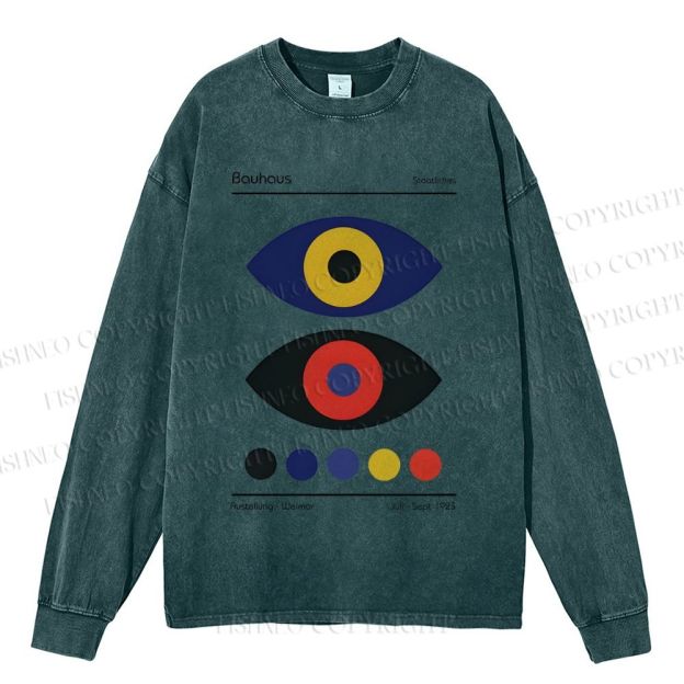 Unisex Casual Washed Bauhaus Colorful Art Eyes Printed Long Sleeve T-shirt