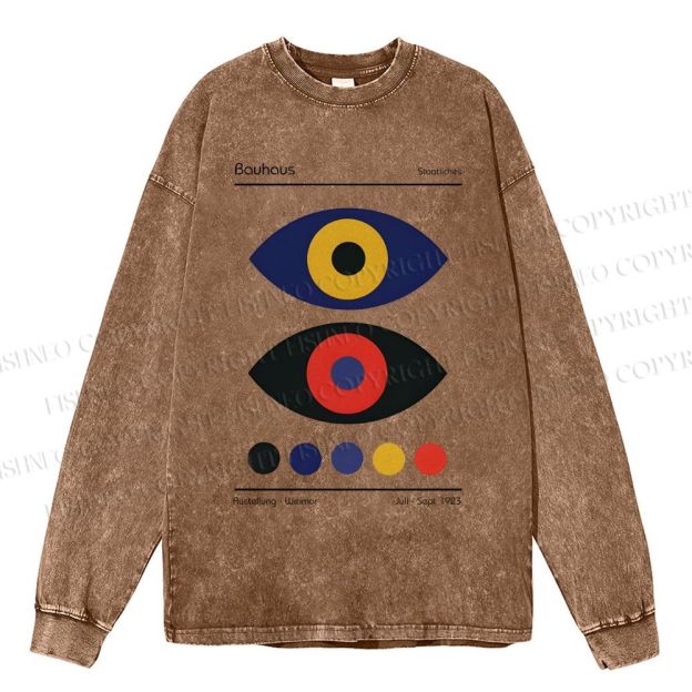 Unisex Casual Washed Bauhaus Colorful Art Eyes Printed Long Sleeve T-shirt