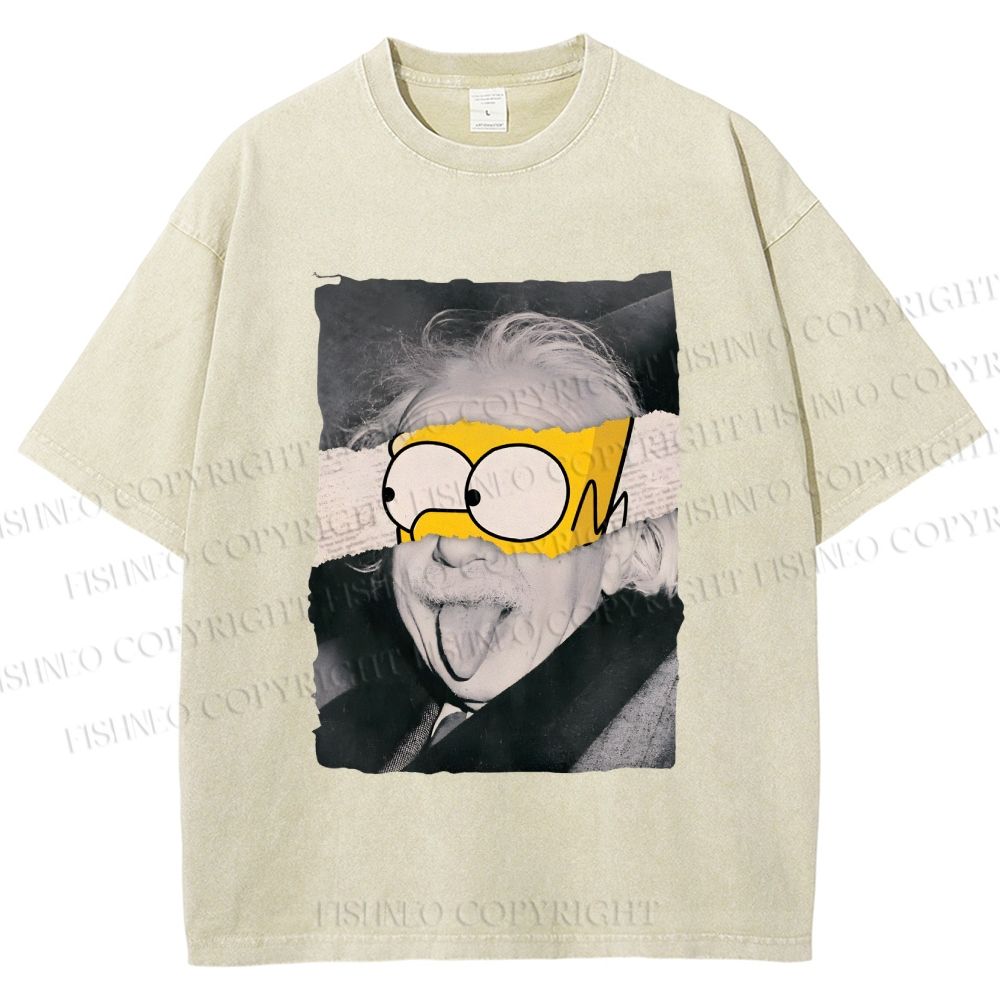 Unisex Albert Einstein With Simpson Funny Graffiti Printed Washed Tee