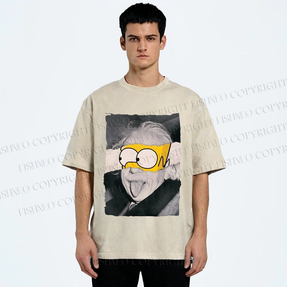 Unisex Albert Einstein With Simpson Funny Graffiti Printed Washed Tee