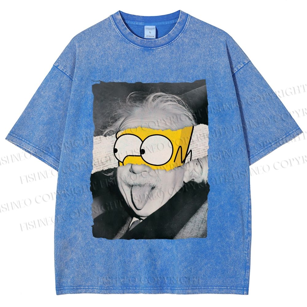 Unisex Albert Einstein With Simpson Funny Graffiti Printed Washed Tee