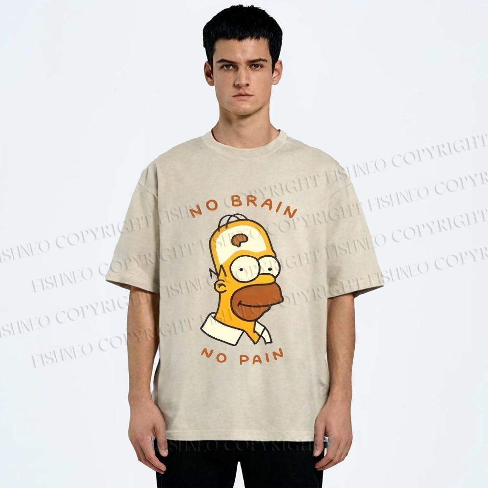 Unisex Silly Simpson No Brain No Pain Printed Washed Tee