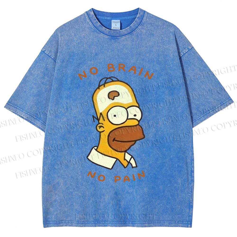 Unisex Silly Simpson No Brain No Pain Printed Washed Tee