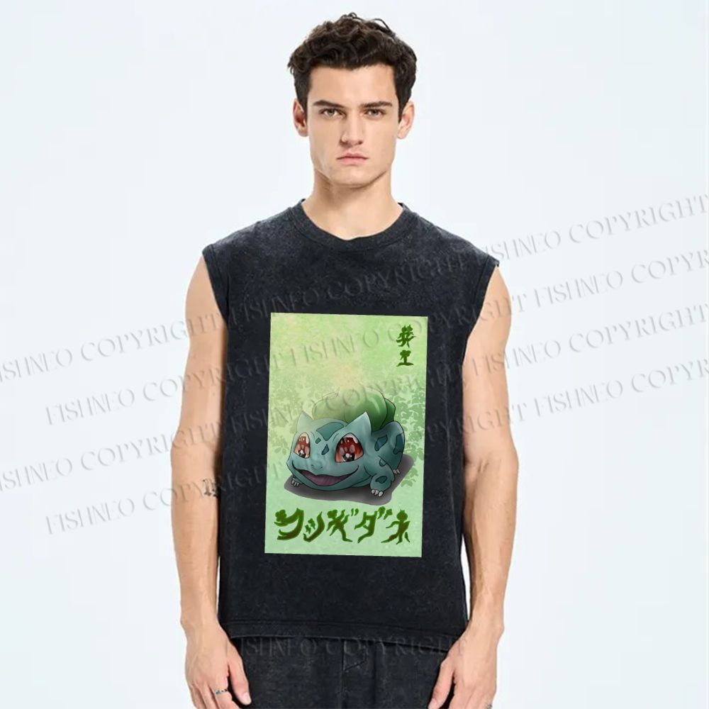 Unisex Bulbasaur Frog Printed Washed Tank Top