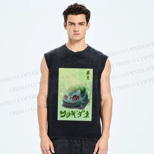 Unisex Bulbasaur Frog Printed Washed Tank Top