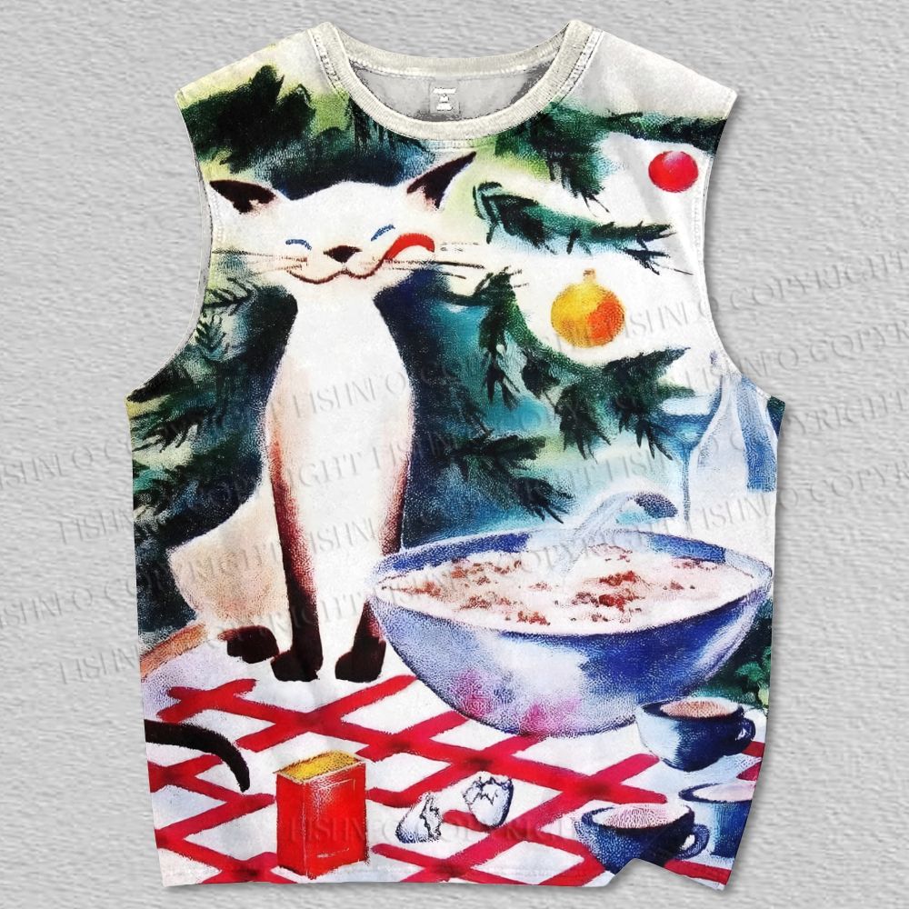 Unisex Cat Enjoying a Christmas Feast Vintage Printed Tank Top