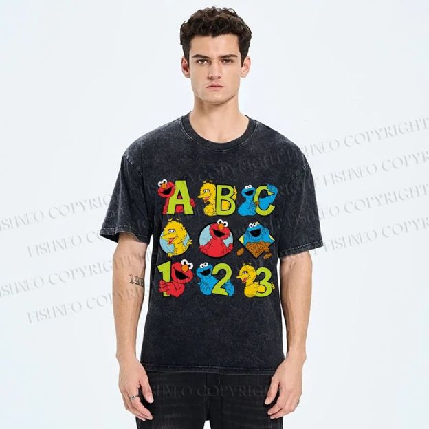 Unisex Elmo Cookie Monster Big Bird Printed Washed Tee