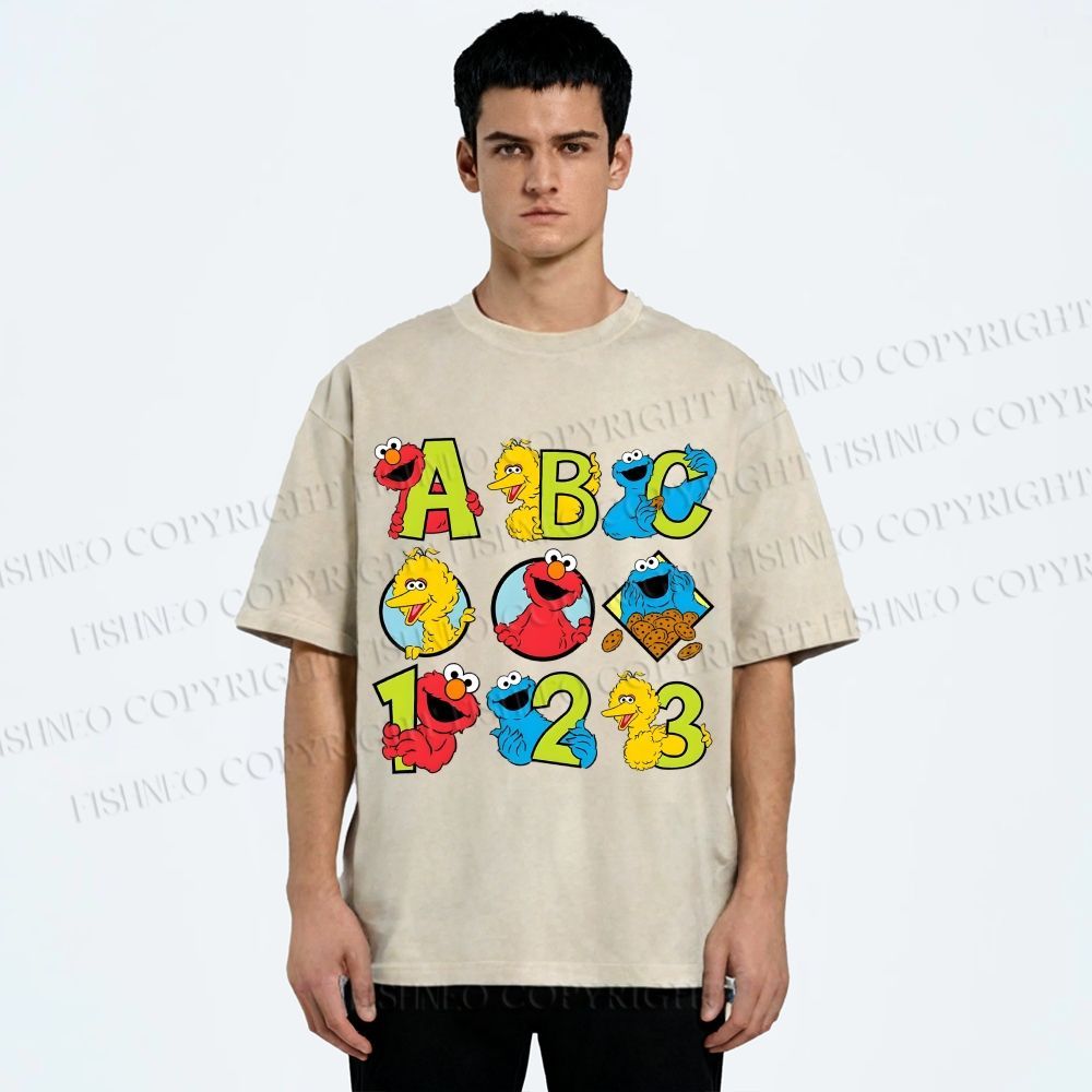Unisex Elmo Cookie Monster Big Bird Printed Washed Tee