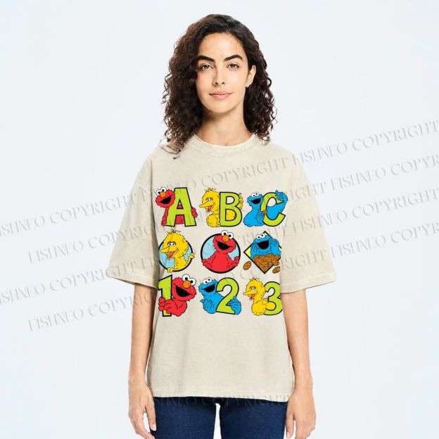 Unisex Elmo Cookie Monster Big Bird Printed Washed Tee