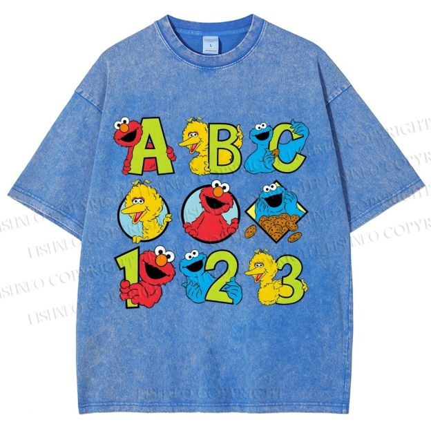 Unisex Elmo Cookie Monster Big Bird Printed Washed Tee
